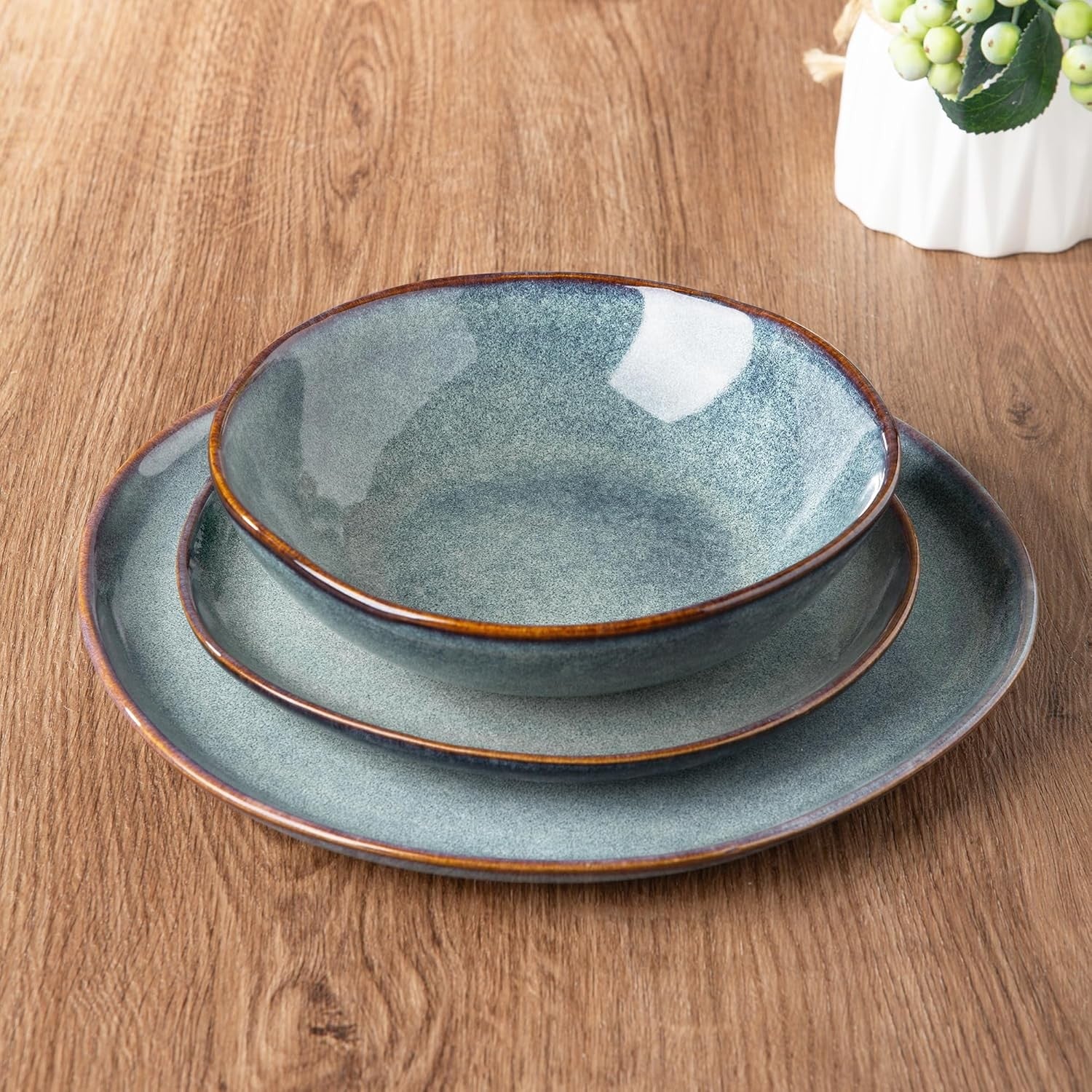 18pc Stoneware Dinnerware Set Reactive Blue Plates Bowls Dishwasher Safe