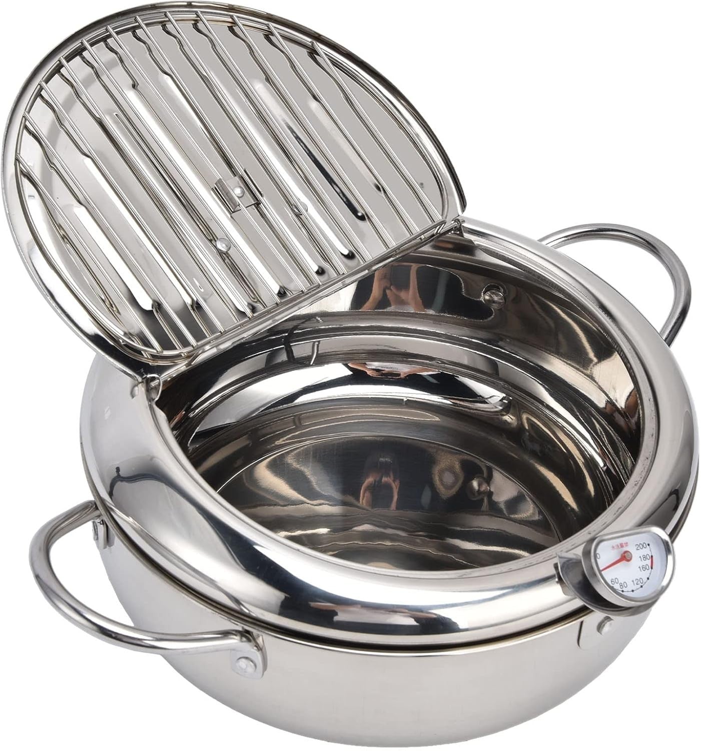 Stainless Steel Tempura Fryer Pot w Thermometer Lid Oil Drip Rack