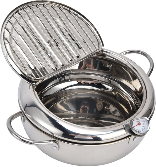 Stainless Steel Tempura Fryer Pot w Thermometer Lid Oil Drip Rack