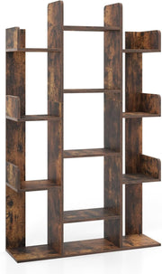 Tall Tree-Shaped Bookcase 13-Tier Wooden Shelf Unit Rustic Brown Storage Rack