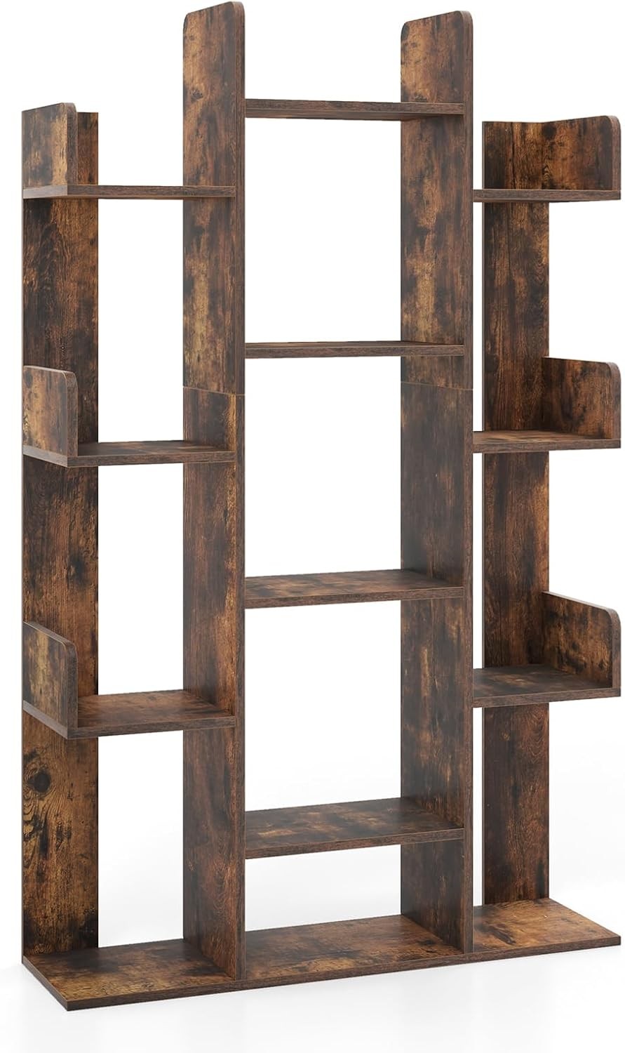 Tall Tree-Shaped Bookcase 13-Tier Wooden Shelf Unit Rustic Brown Storage Rack