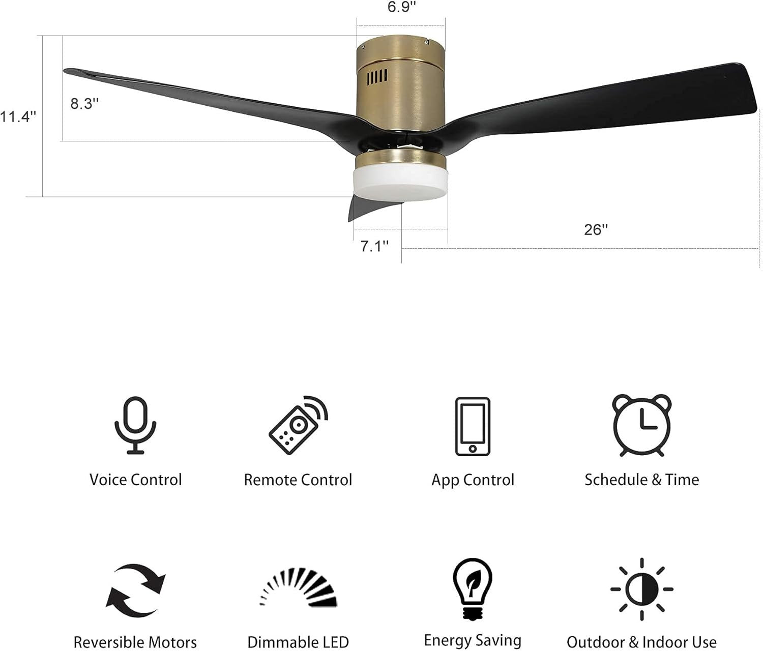 SMAAIR 52" Smart Ceiling Fan with Light, 10-Speed DC Motor, Gold Black
