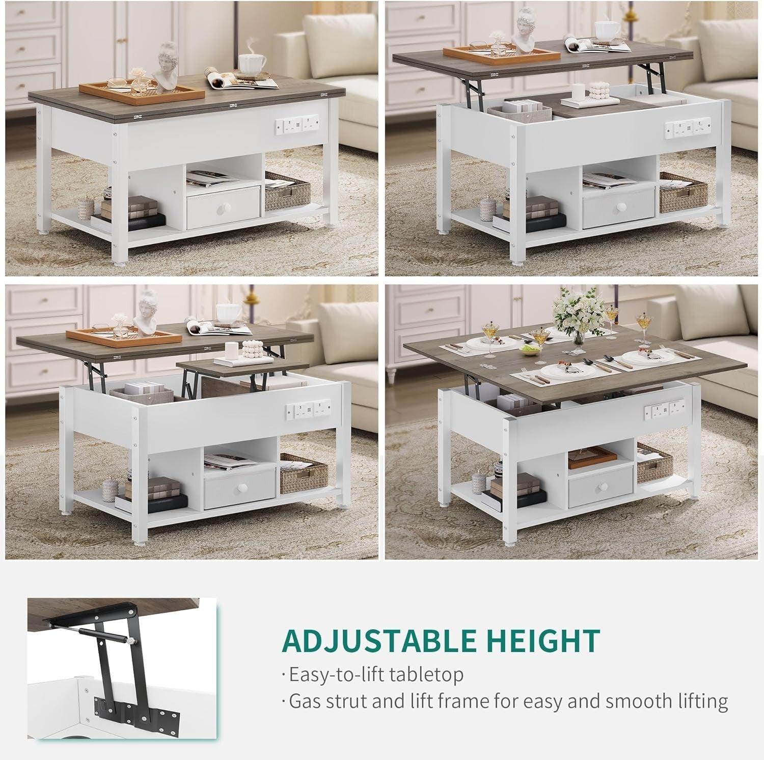 Lift Top Coffee Table with Storage, LED Lights, USB & Outlets, White Grey