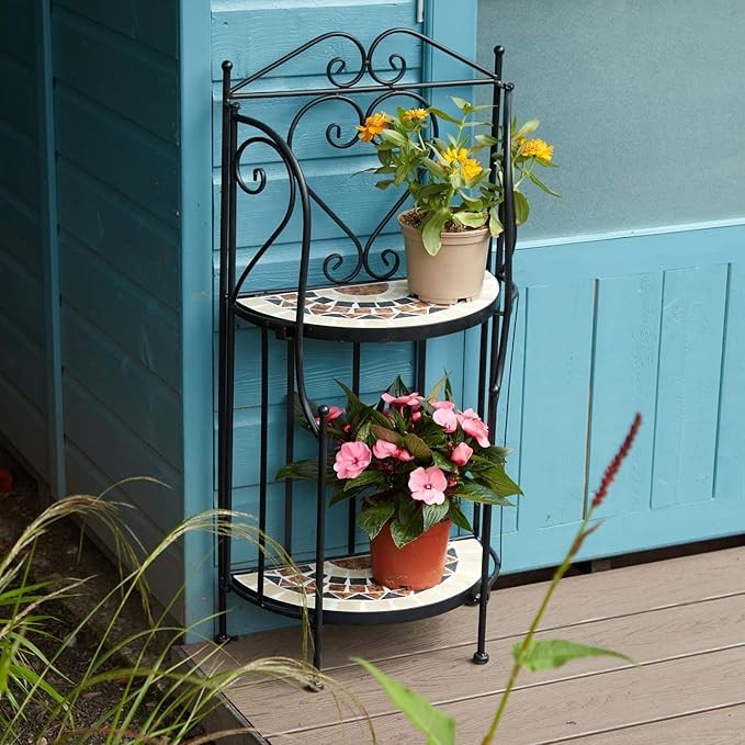 Metal Mosaic Plant Stand Black Garden Flower Display Shelf Indoor Outdoor