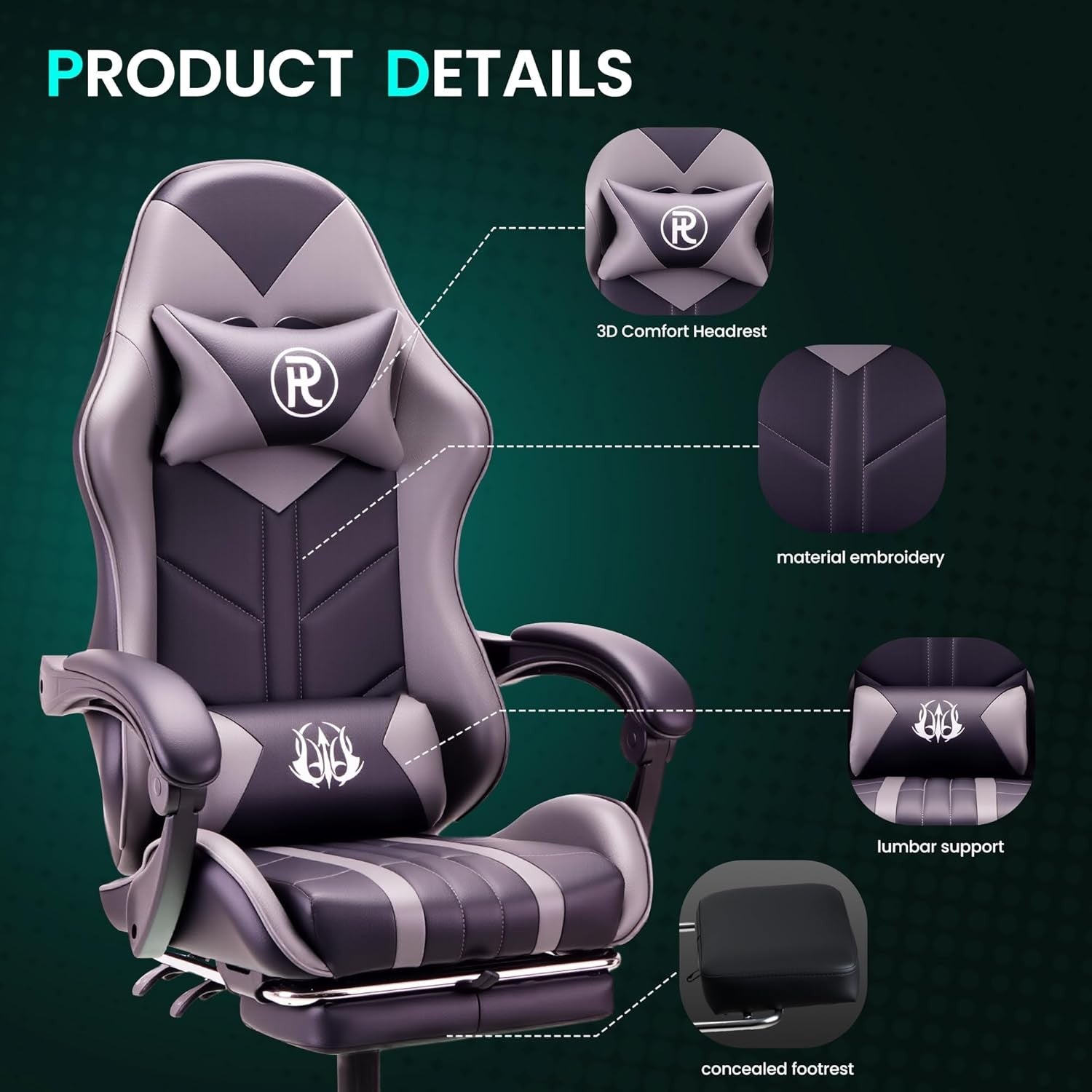 Ergonomic Gaming Chair with Footrest & Lumbar Support – Grey PC Seat