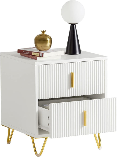 Modern White Bedside Table with 2 Drawers & Gold Legs – Elegant Nightstand