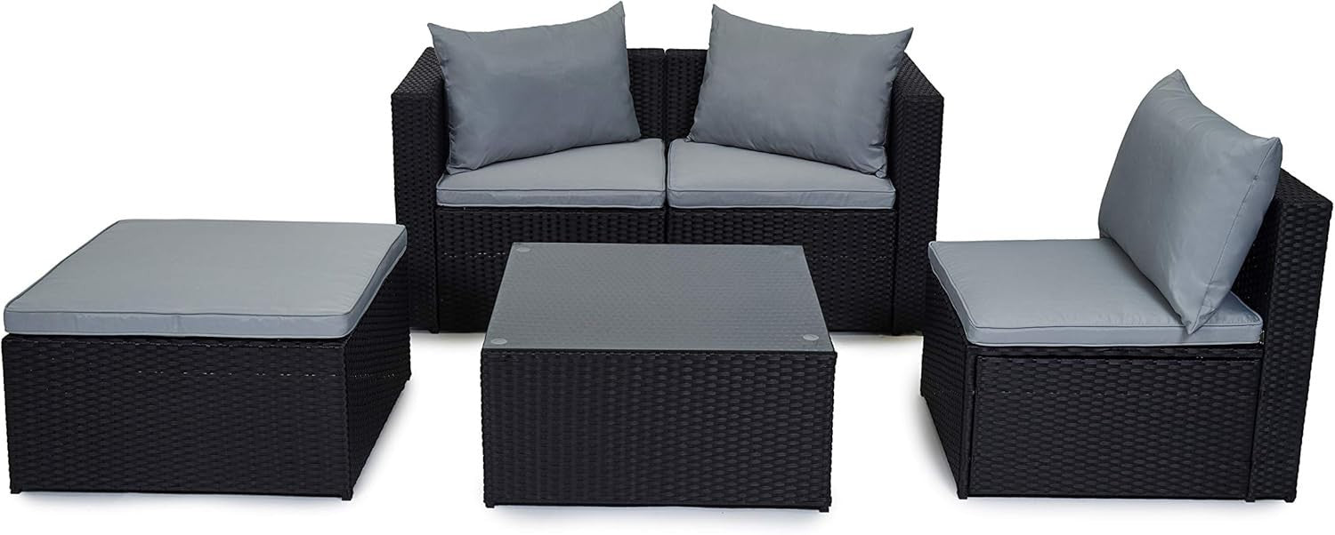 5-Piece Black Rattan Garden Corner Sofa Set with Cushions & Glass Table