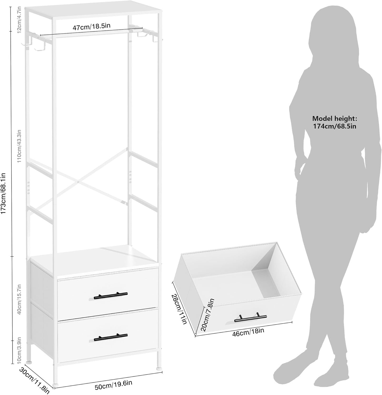 Open Wardrobe Clothes Rail 2 Drawers with Hooks White