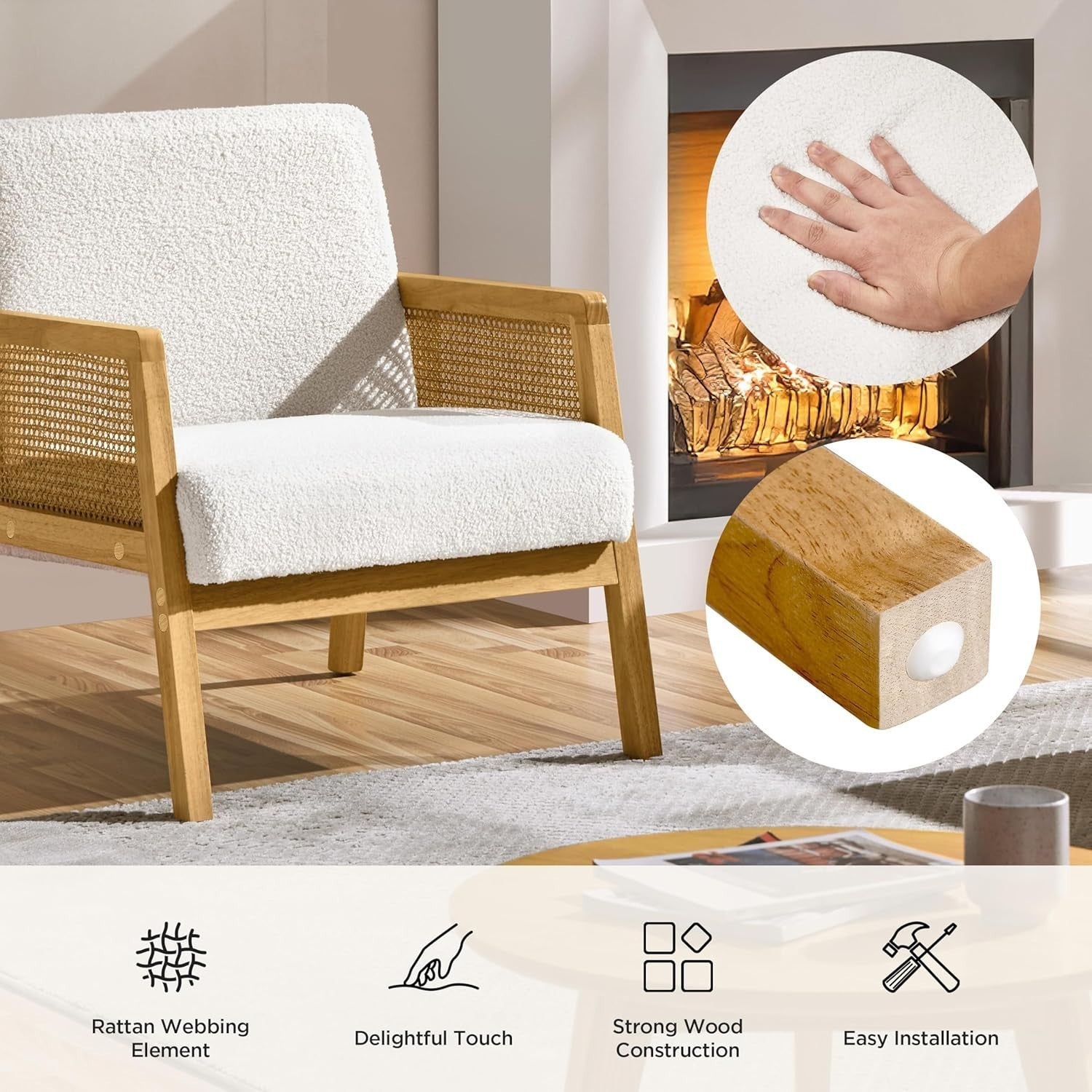 Boucle Fabric Accent Armchair Modern Indoor Lounge Chair with Cane Sides