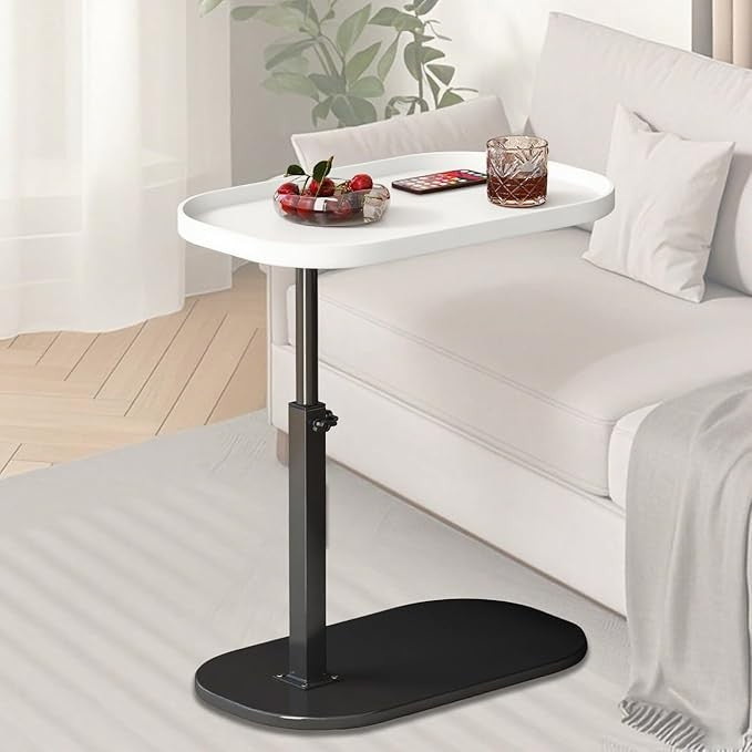 C Shaped Side Table Adjustable Height Swivel Laptop Sofa Bed Marble White