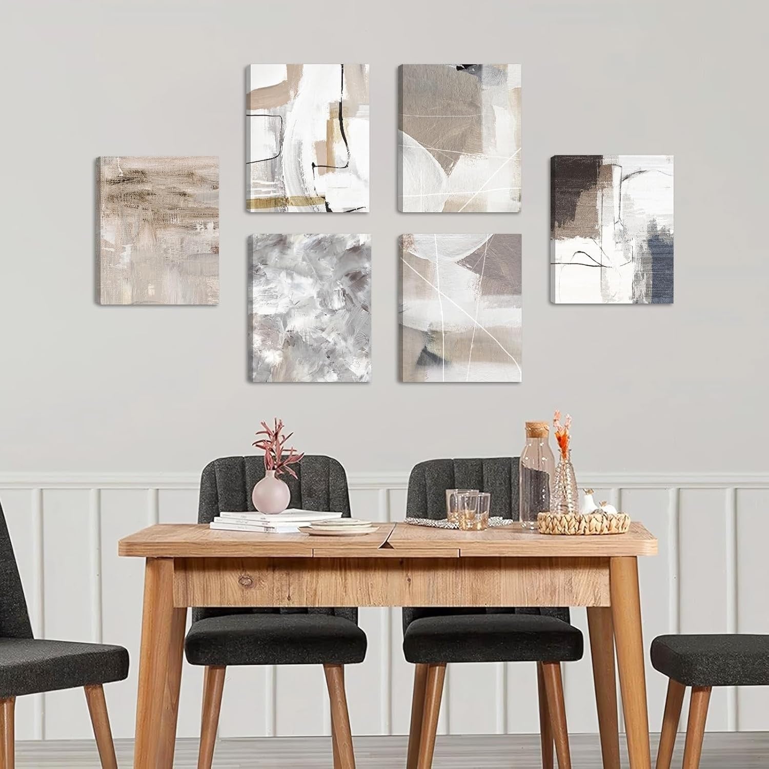 Abstract Wall Art Set of 6 Framed Black White Canvas 8x10in