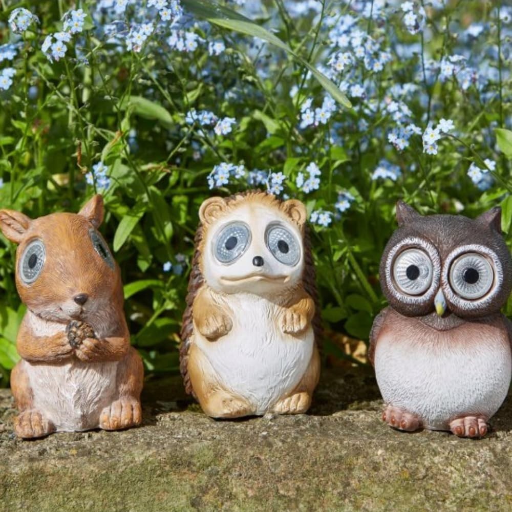 Solar Garden Animal Lights 3-Pack • Owl Hedgehog Squirrel • Outdoor
