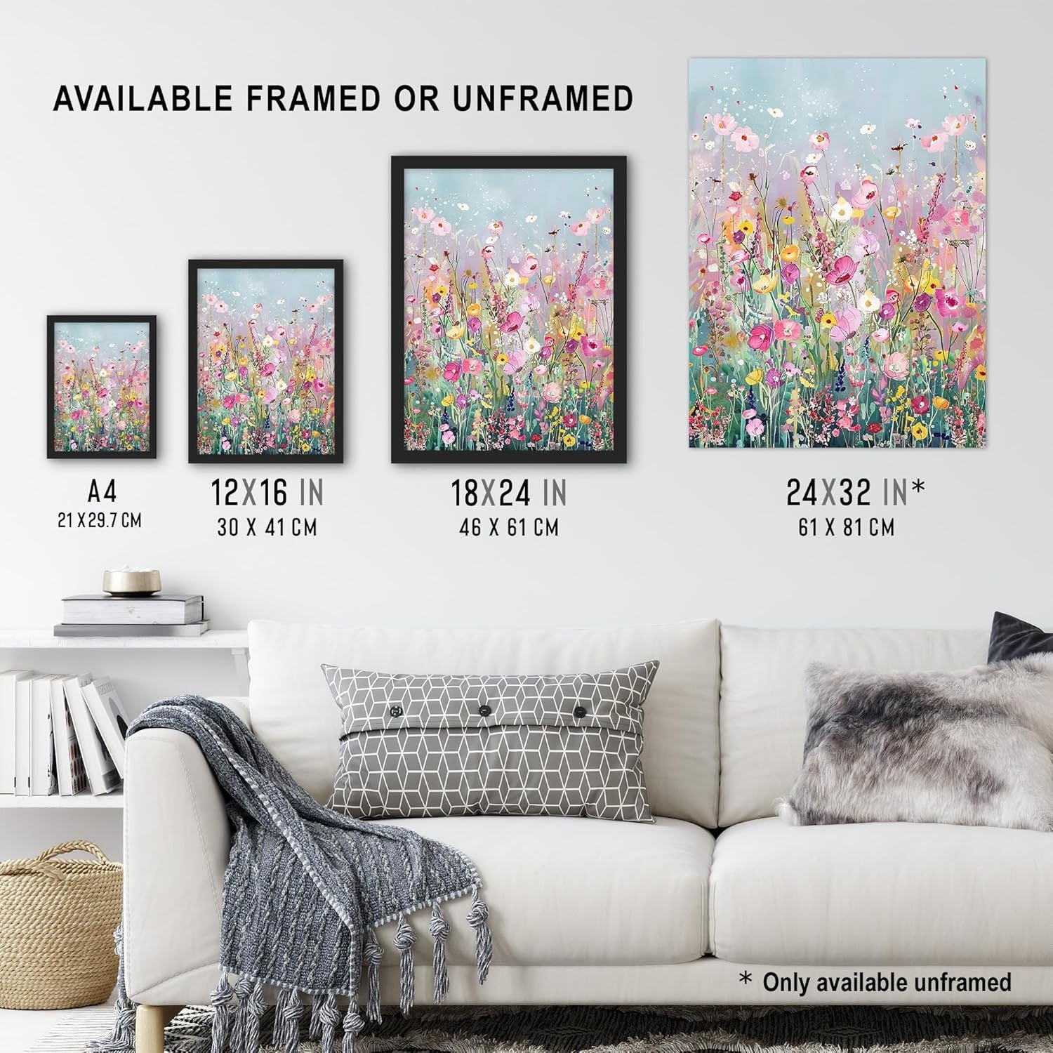 Large Floral Canvas Wall Art Wildflower Field Modern Living Room Poster 24x32