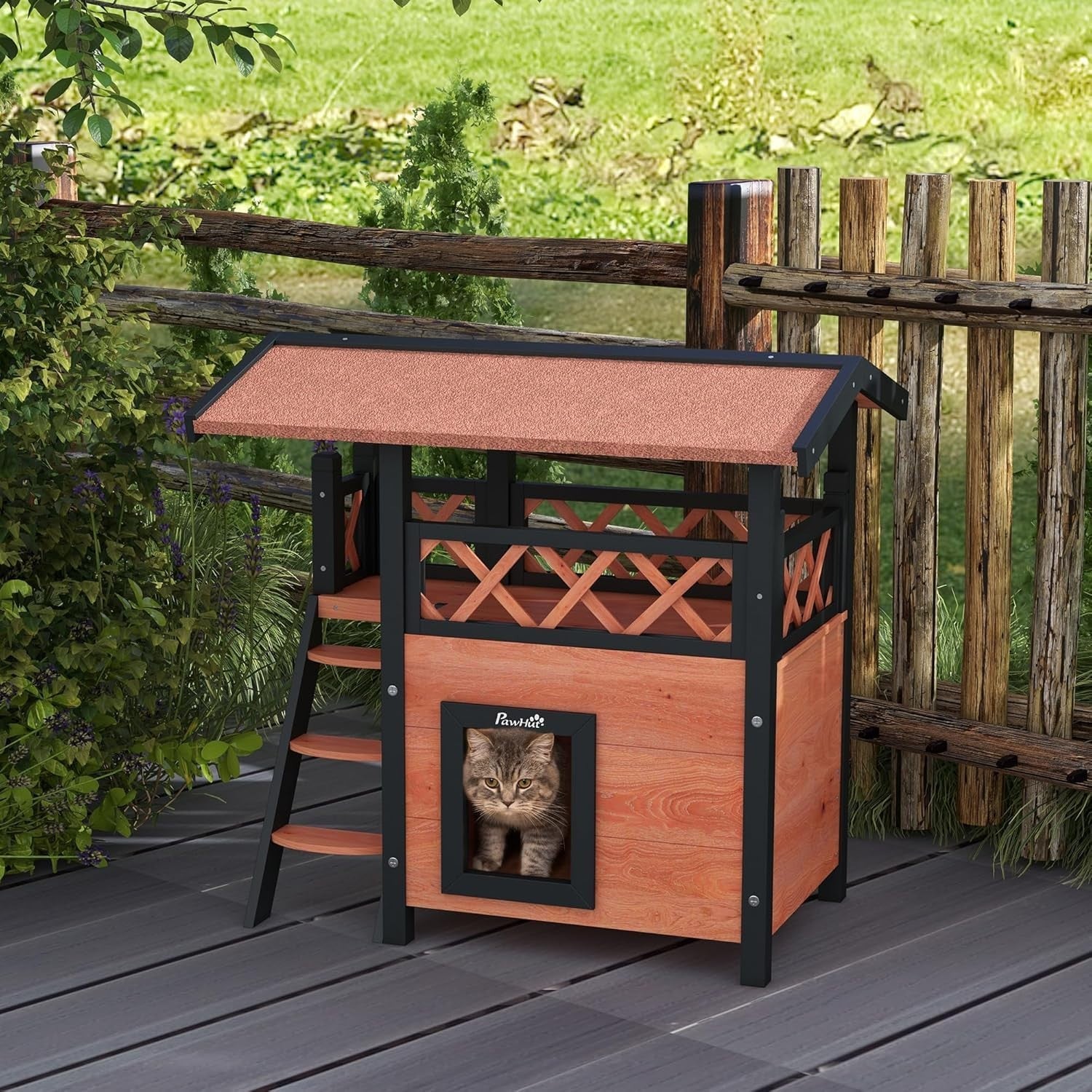 Outdoor Two-Tier Wooden Cat House with Balcony & Asphalt Roof, Weatherproof