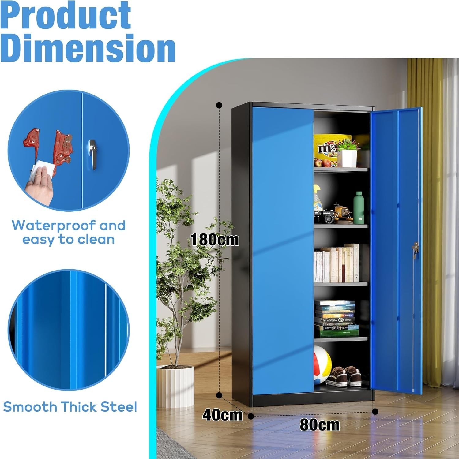 Black Blue Metal Storage Cabinet 180cm Lock & Adjustable Shelves – Tall Cupboard