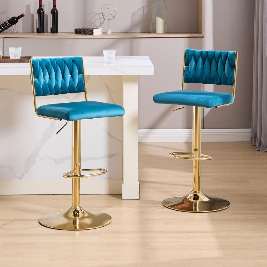 Adjustable Velvet Bar Stools Set of 2 Teal Swivel Counter Chairs