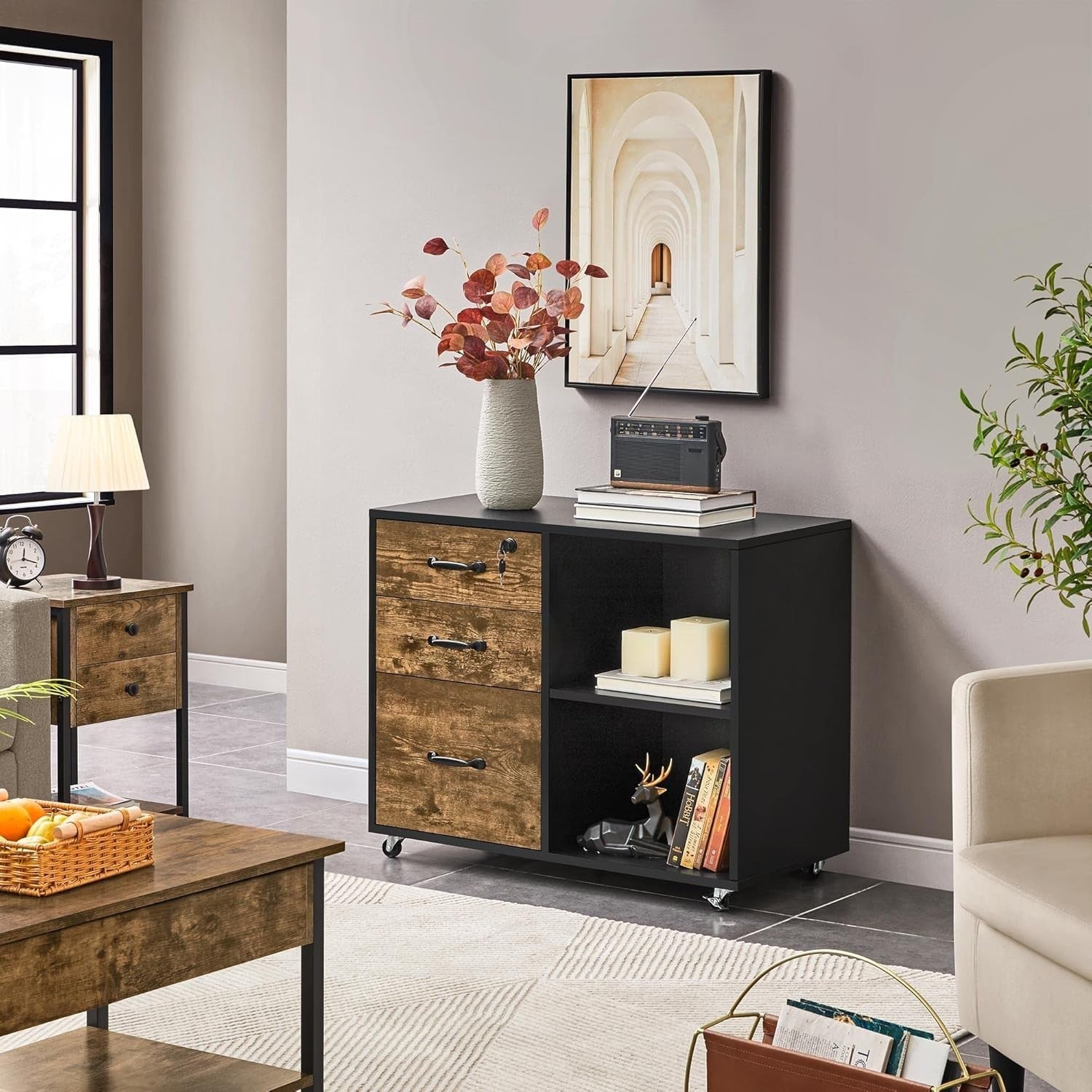 Rolling Mobile Filing Cabinet with Lockable Drawers Printer Stand 80x40x65cm