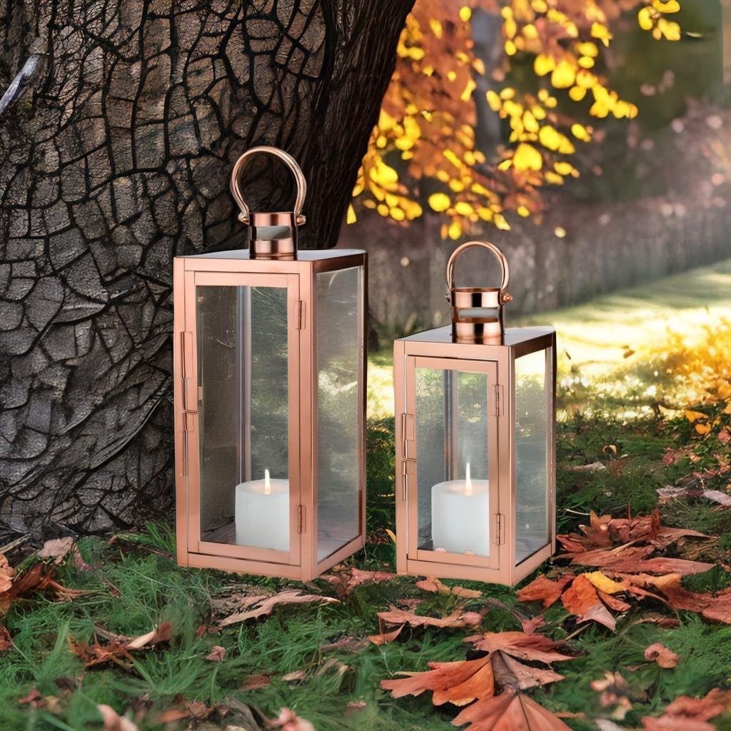 2 Pack Marra Copper Metal Garden Lanterns Indoor Outdoor Decor
