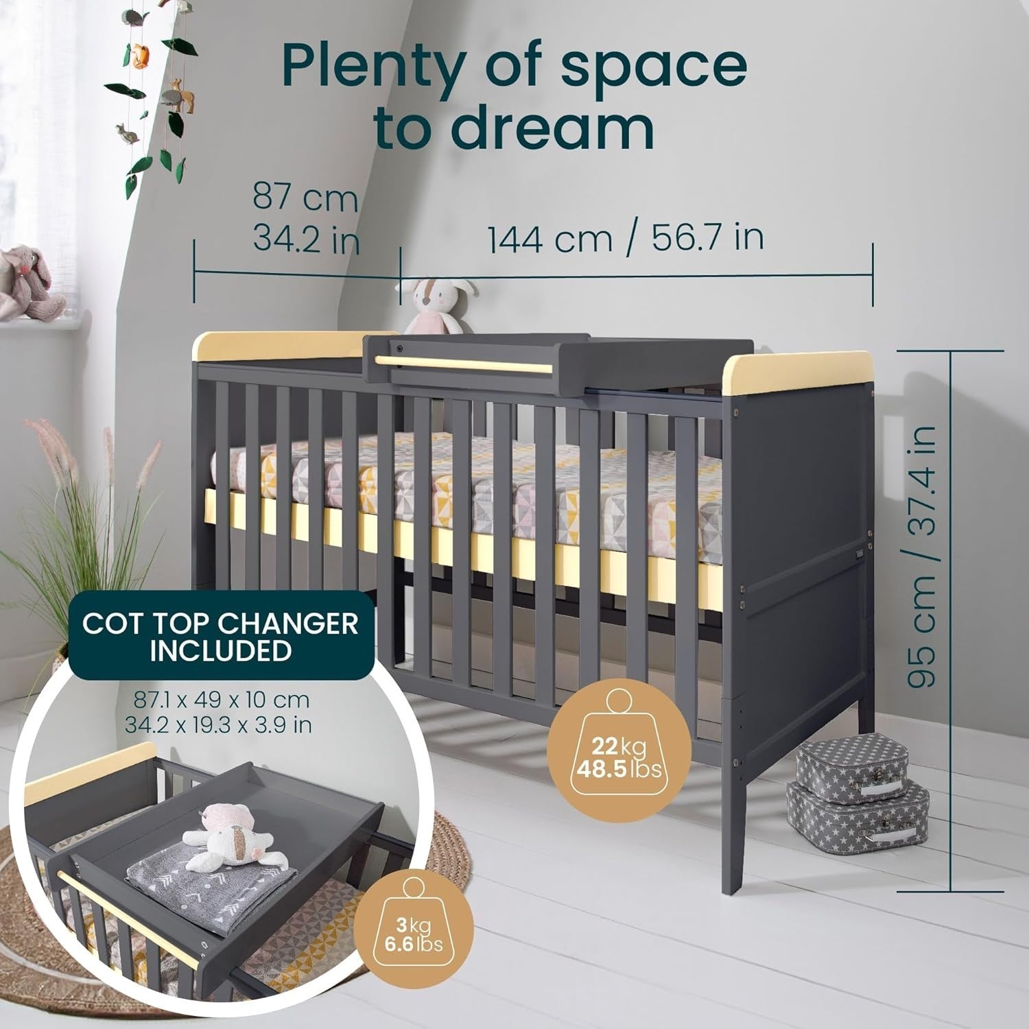 3in1 Mini Cot Bed with Drawer Toddler Sofa Adjustable Height Wooden Frame Grey