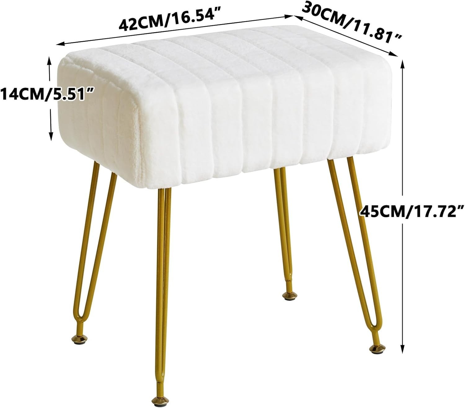 White Velvet Rectangular Footrest Ottoman – Vanity Stool with Gold Legs