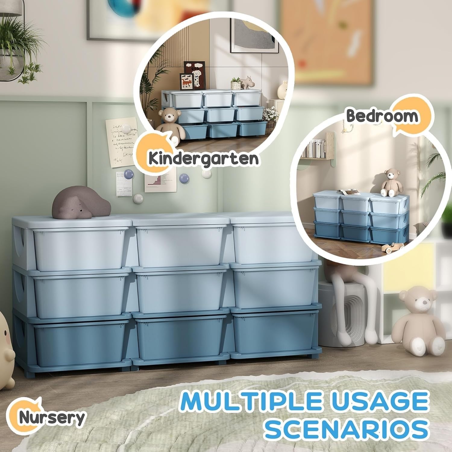 Kids 9-Drawer Storage Unit Toy Organizer Chest with Safe Rounded Corners Blue
