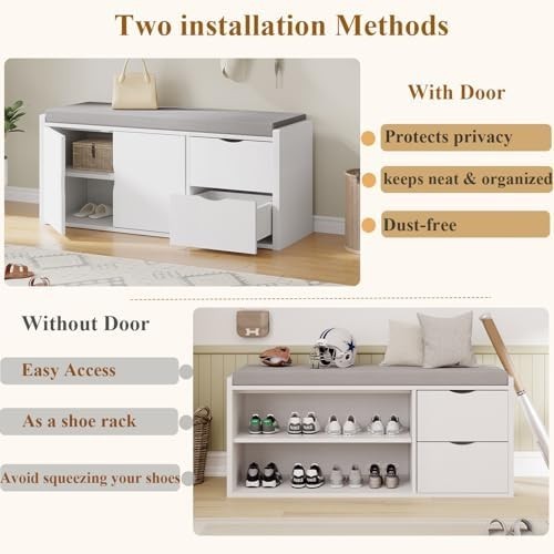 White Oak Entryway Shoe Storage Bench, Cushion 2 Drawers Hidden Rack 101x34x45cm