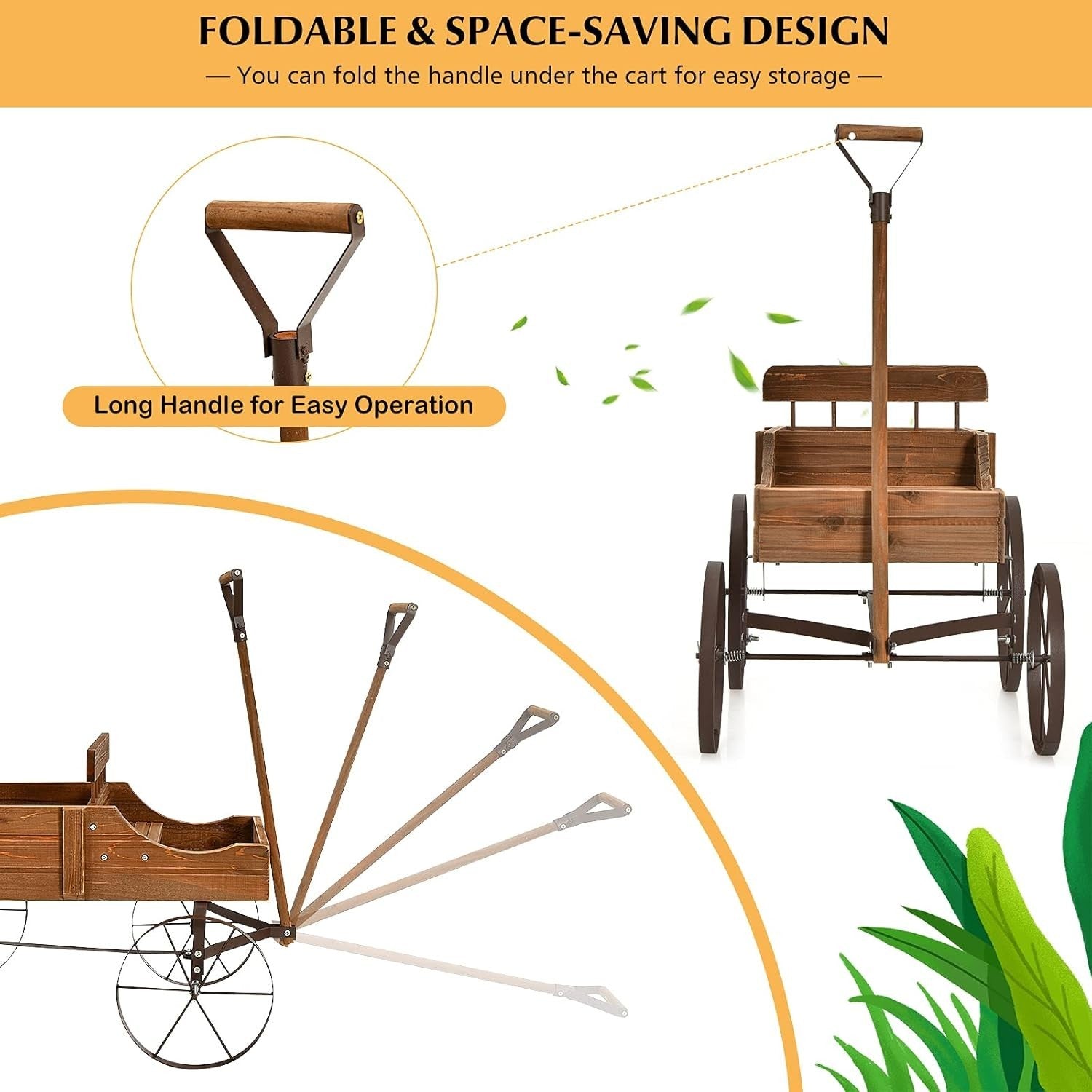 4-Wheel Wooden Garden Wagon & Brown Planter Cart w/ Handle for Outdoor Plants
