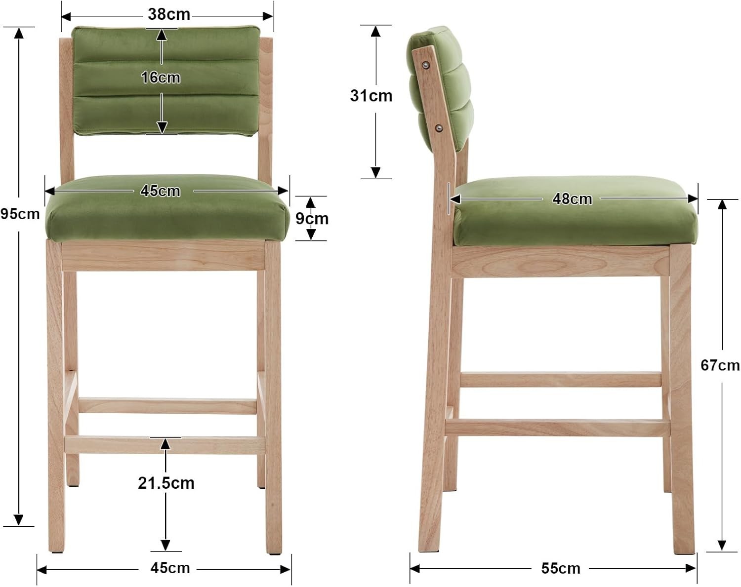 Retro Green Velvet Bar Stools Set of 2 – Wooden Leg Counter Chairs