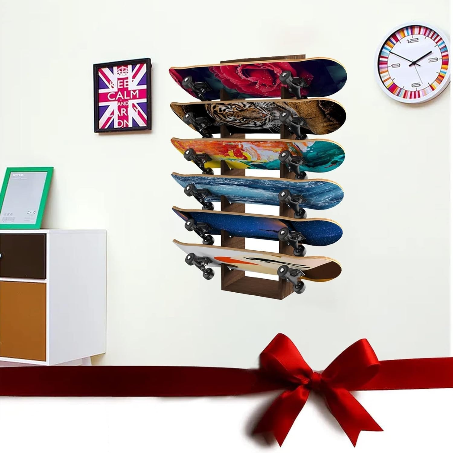 Wall Mount Skateboard Rack Holds 6 Boards Solid Wood Organizer