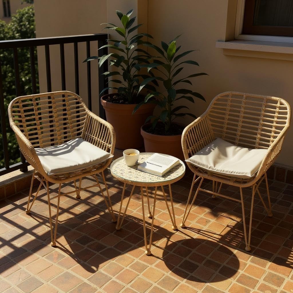 Rattan Garden Bistro Set 2 Chairs Glass Table Balcony Patio Outdoor Seating
