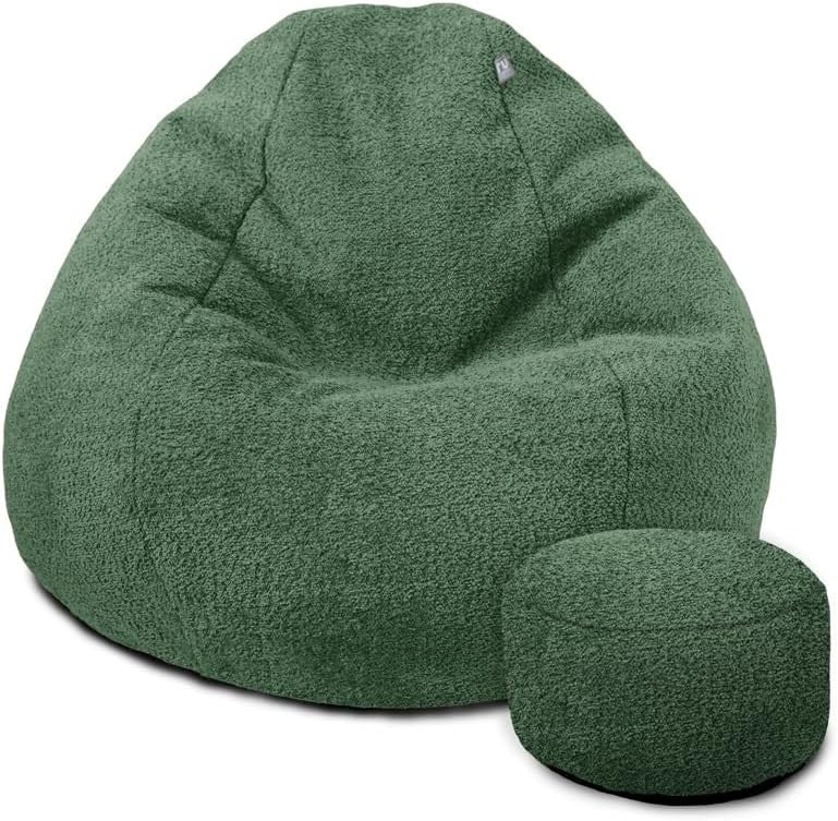Green Boucle Bean Bag Chair & Footstool Set – Adult Size 110x80cm