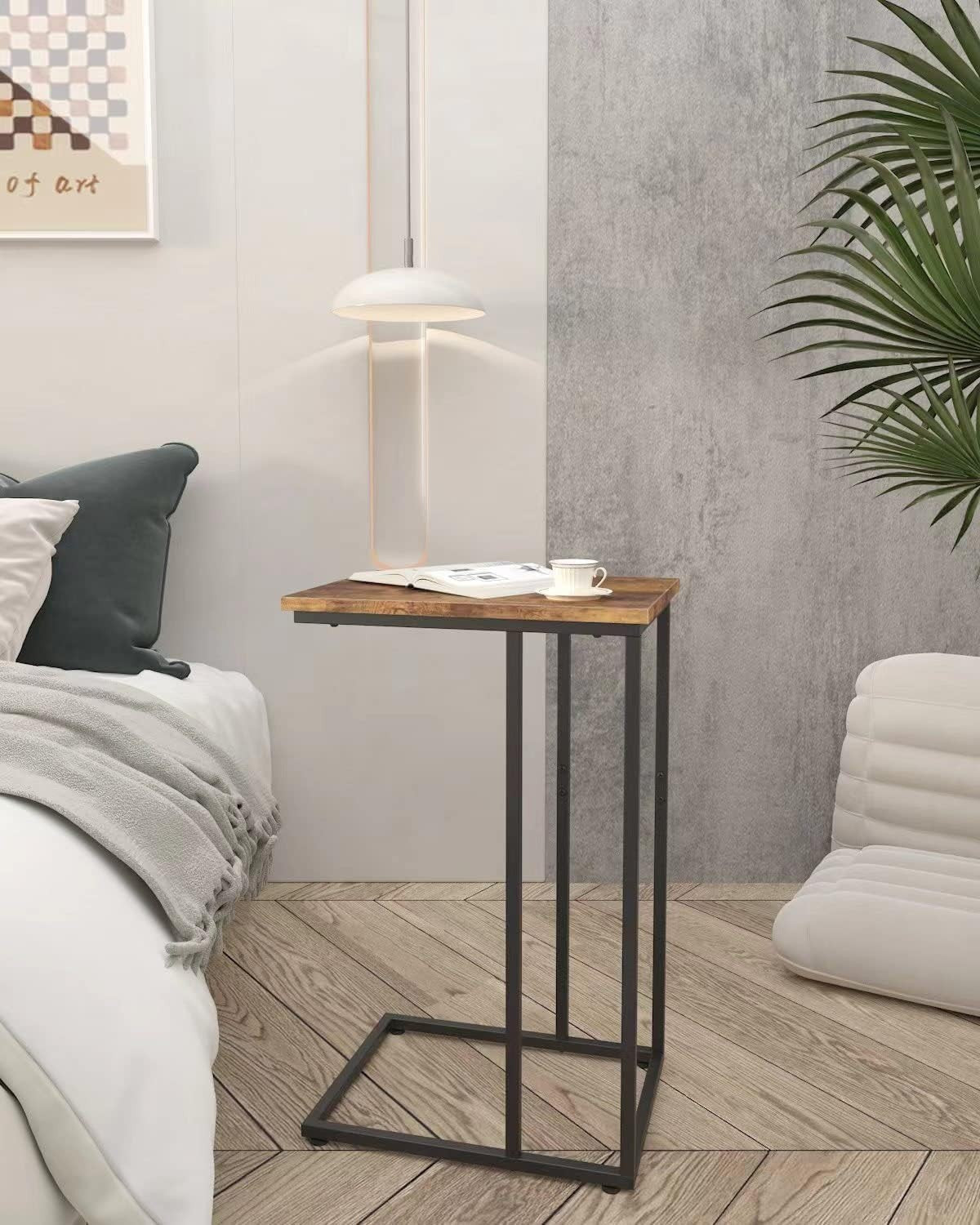 Slim Rustic Brown C Shaped End Table Sofa Couch Bed TV Tray Laptop Stand