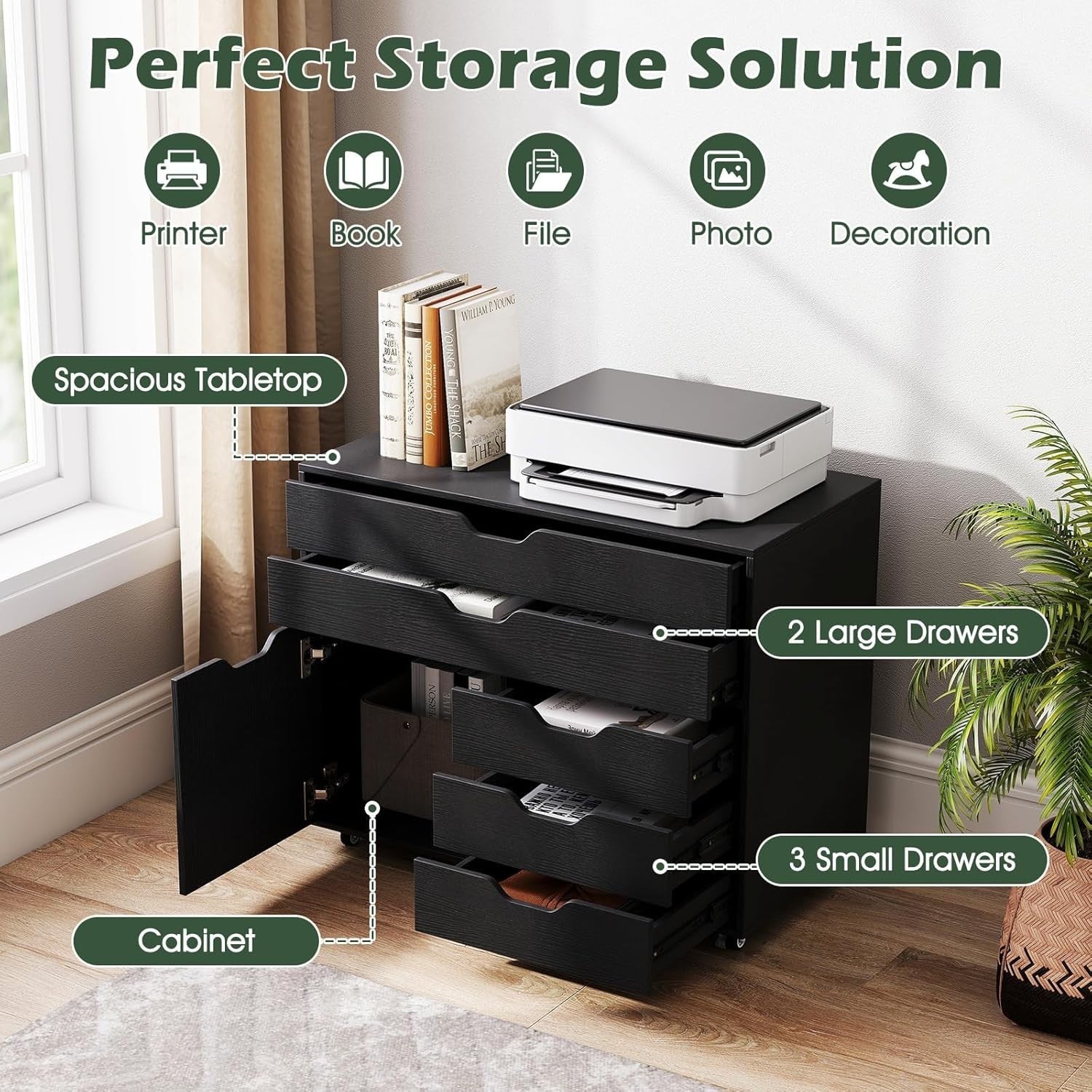 Black Mobile File Cabinet 5 Drawer Side Cupboard Rolling Printer Stand