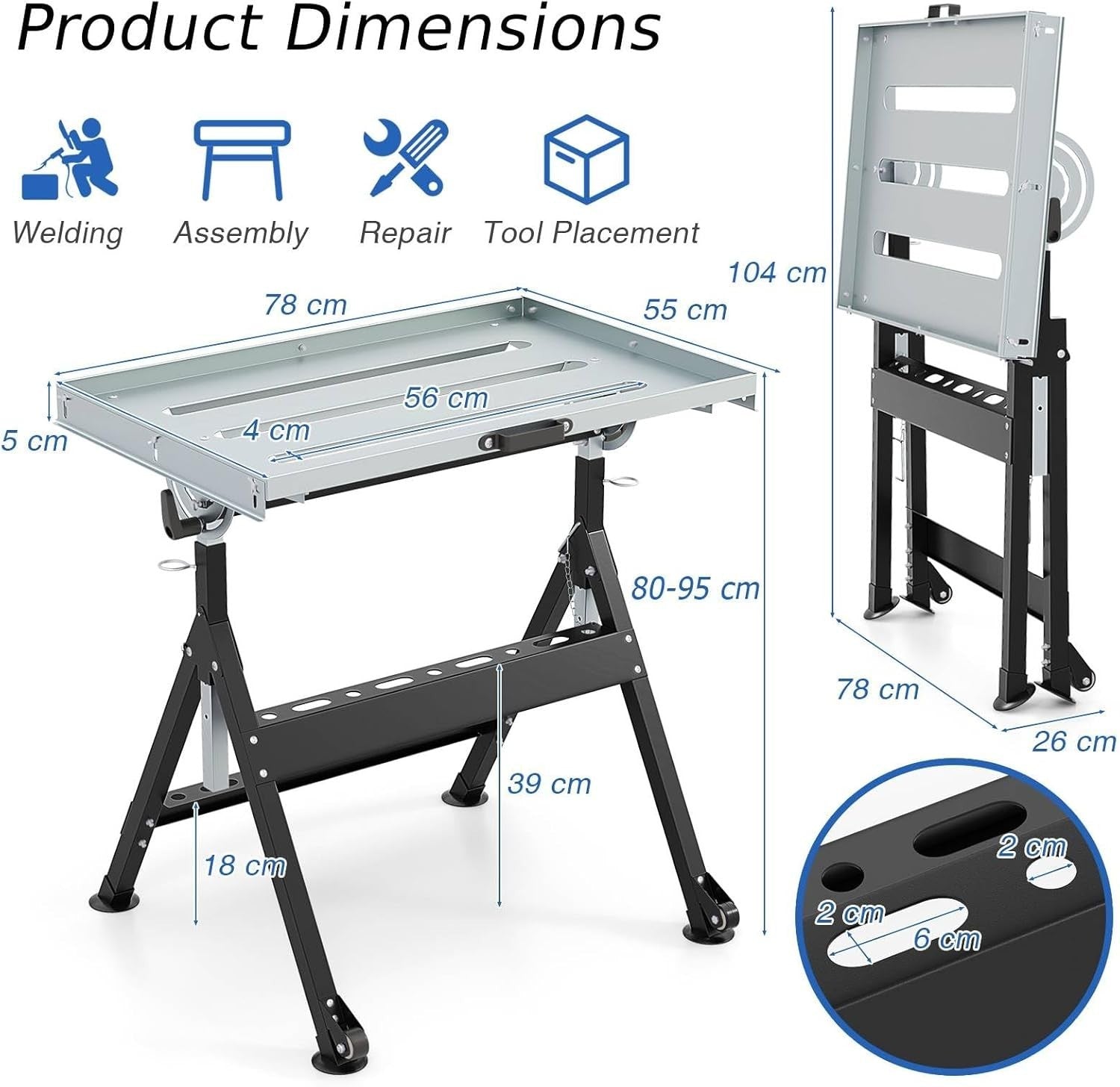 Folding Welding Table Adjustable Height Tilt Steel Workbench 180kg Load
