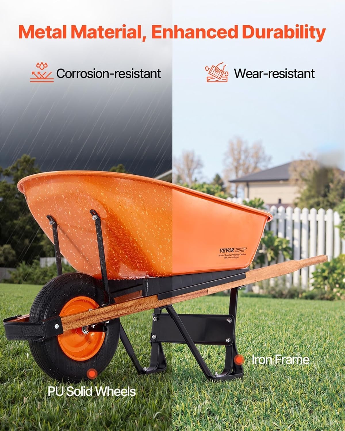 6 Cu Ft Orange Wheelbarrow – Metal Frame PU Tyre Heavy Duty for 150kg Loads