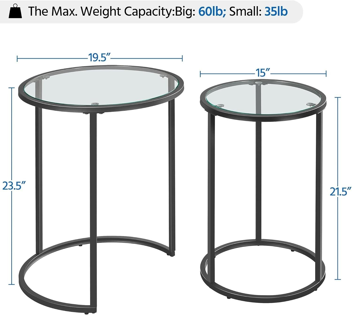 Nesting Round Side Tables Set of 2 Black Tempered Glass Metal End Coffee Sofa