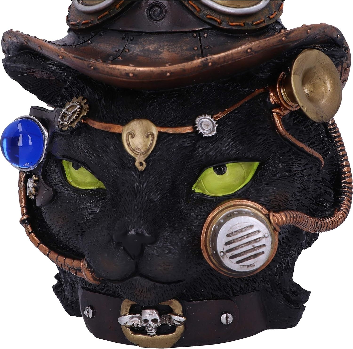 Steampunk Black Cat Head Figurine 28.8cm Gothic Resin Clockwork Decor Statue
