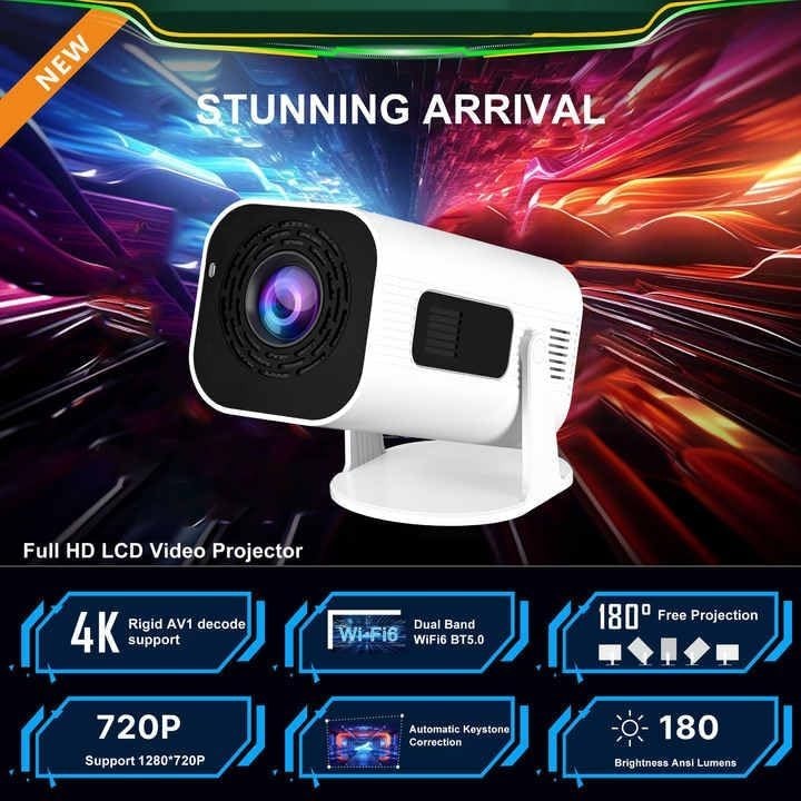 Mini 4K Smart Projector 1080P Android TV WiFi Bluetooth 180° Stand