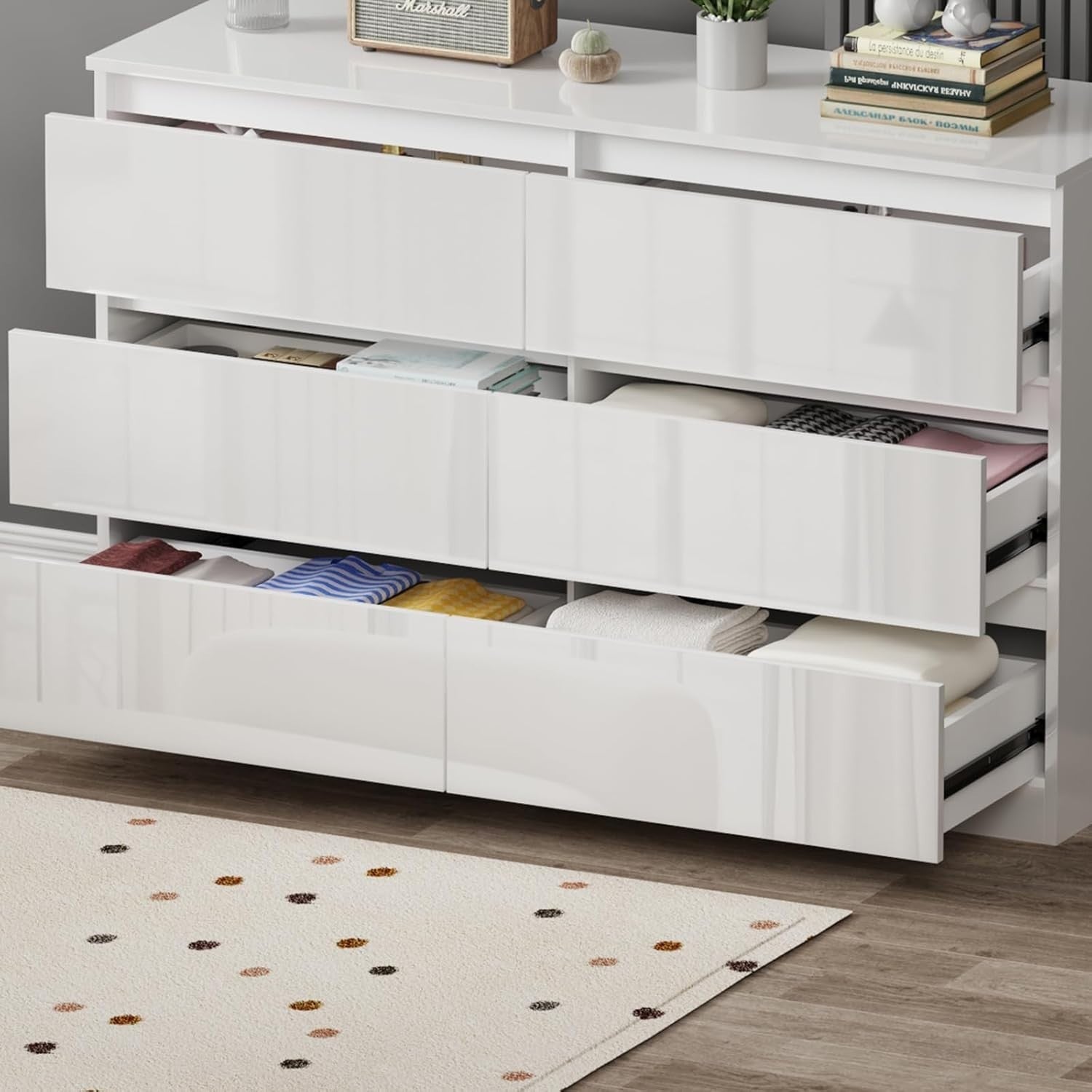 White Gloss 6 Drawer Chest Modern Wide Storage Unit for Bedroom Office