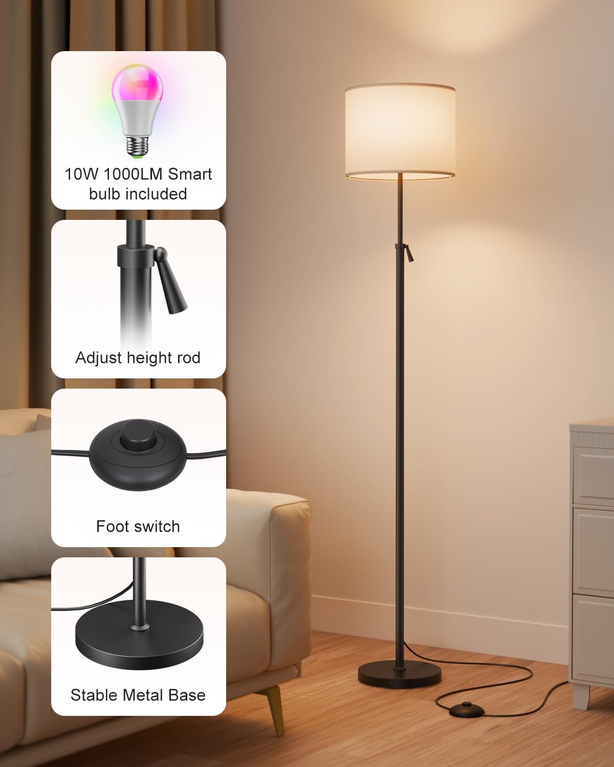 Smart RGB Floor Lamp Alexa App Control Dimmable Colour Changing Standing Lamp
