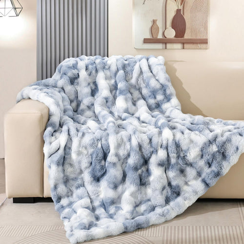 Luxury Faux Fur Bubble Blanket Twin 152x203cm Super Soft Warm Blue