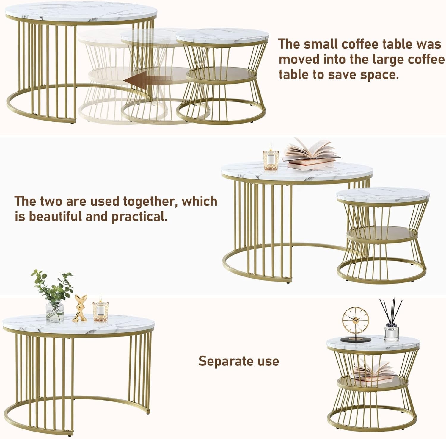 ModernLuxe Round Coffee Table Set of 2 with Gold Frame & Marble Top 70x45cm