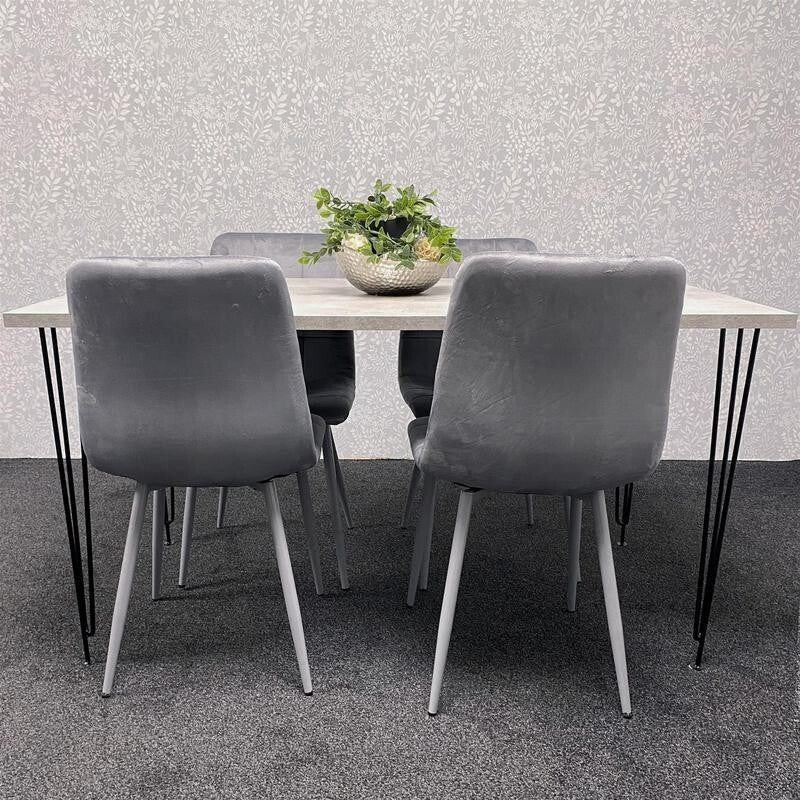 Grey Dining Table Set with 4 Velvet Chairs – Hairpin Legs Modern 4 Seater