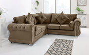 Mink Velvet Corner Sofa 5 Seater Plush Fabric, Foam Cushions, Chrome Legs
