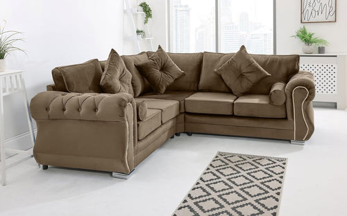 Mink Velvet Corner Sofa 5 Seater Plush Fabric, Foam Cushions, Chrome Legs