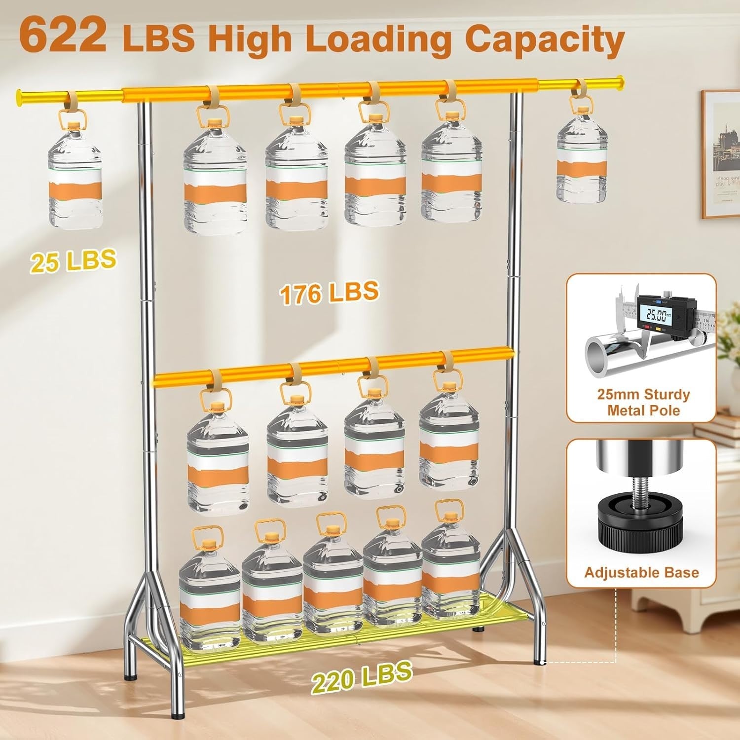 280KG Heavy Duty Double Clothes Rail with Shelves – Silver