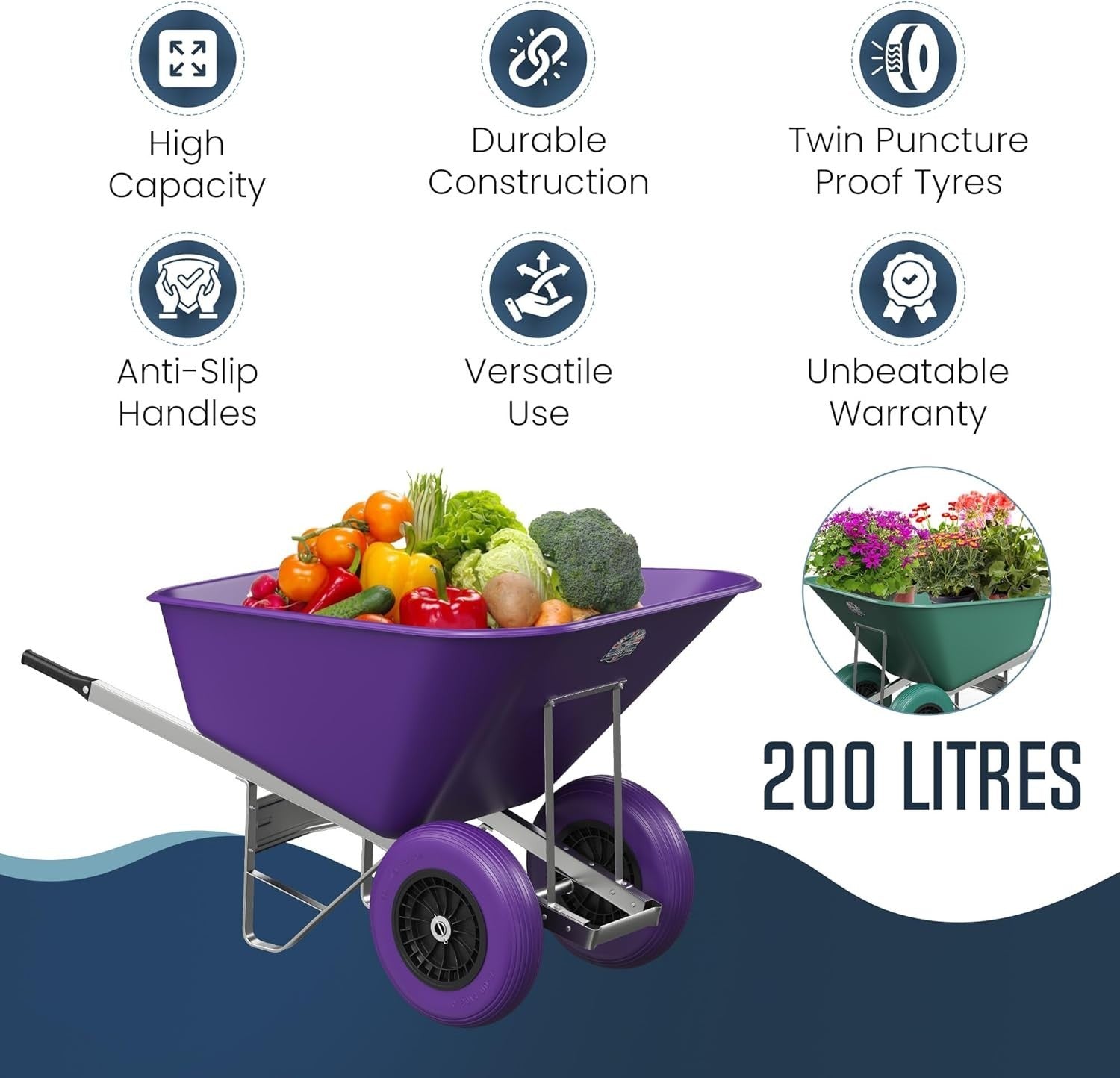 200L Twin Wheel Wheelbarrow – Green Heavy Duty Plastic Tub w/ Steel Frame 150kg