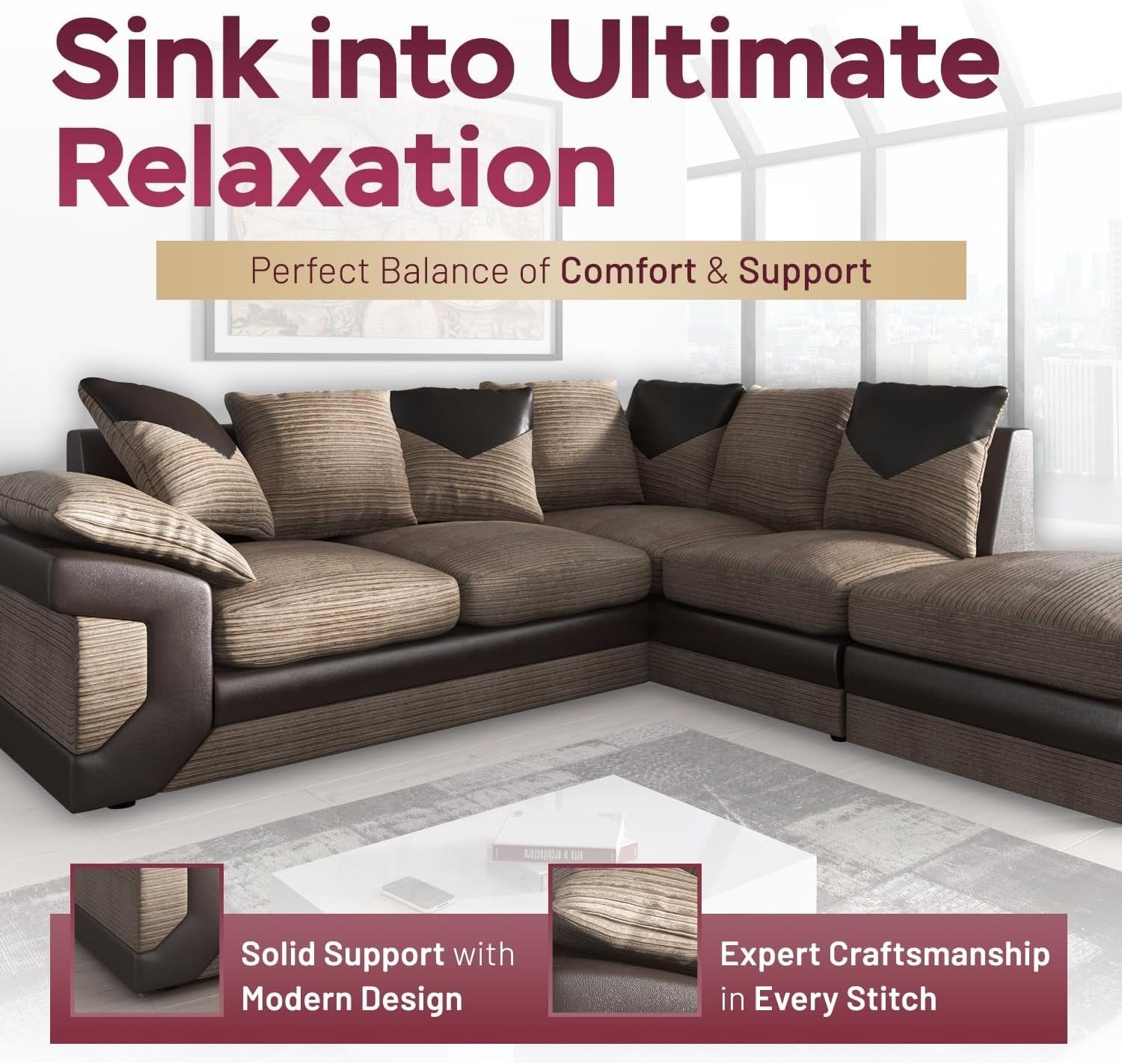 5-Seater Right Hand L-Shape Corner Sofa Fire Resistant Fabric & Leather
