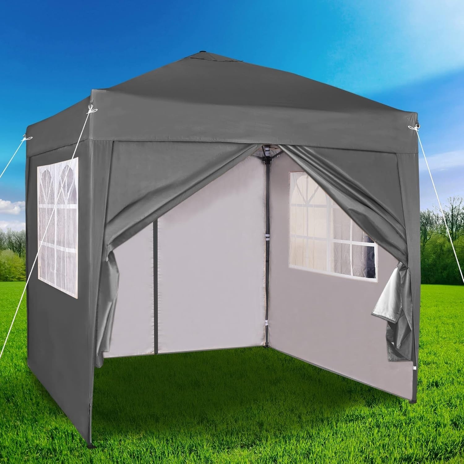 2x2m Pop Up Gazebo Waterproof w/ Sides Grey Silver Protective Canopy