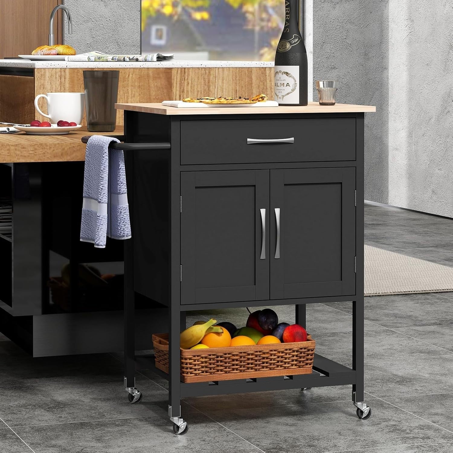 Black Rolling Kitchen Island Cart Rubber Wood Top Cabinet